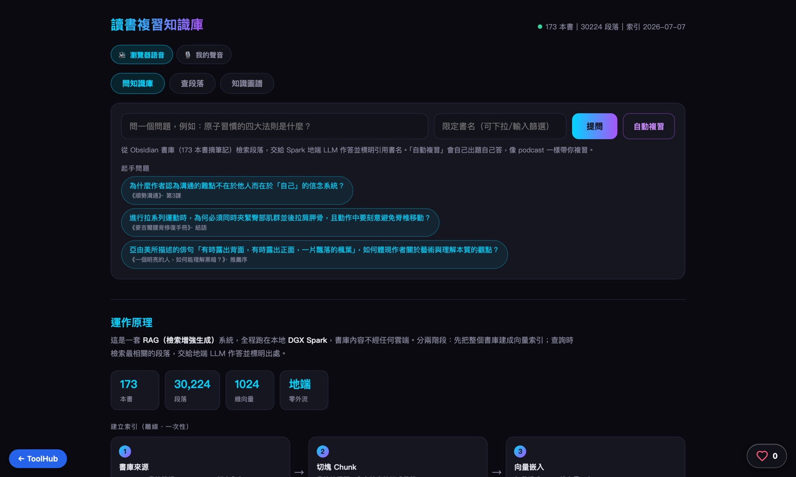 Reading Review Knowledge Base — live interface
